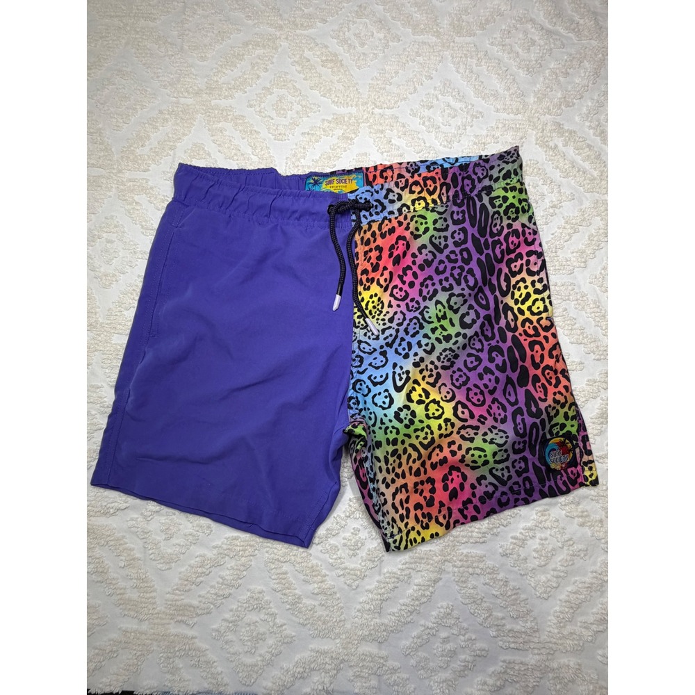 Surf Society Rainbow Leopard Split Board Shorts Purple Medium Swim Trunks Mens